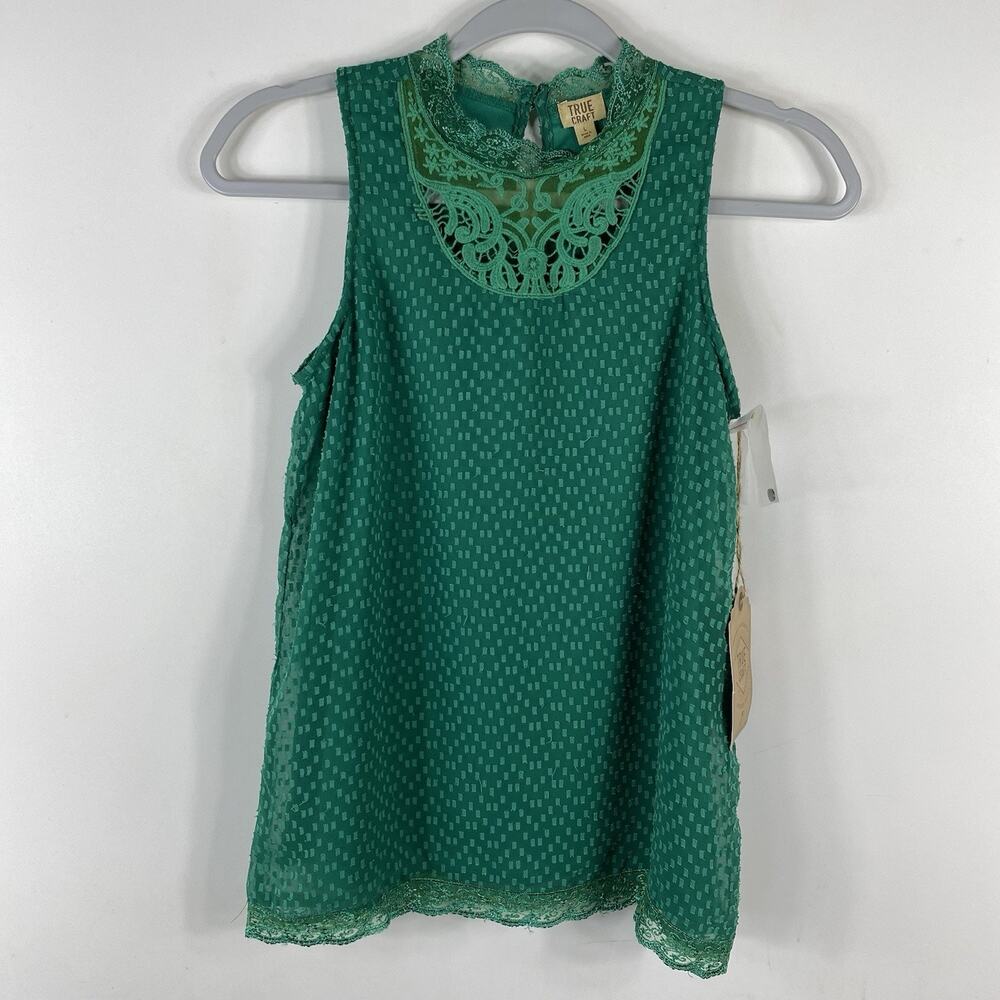True Craft Top Girls Large Kelly Green Sleeveless Clip Dot Lace Detail Blouse